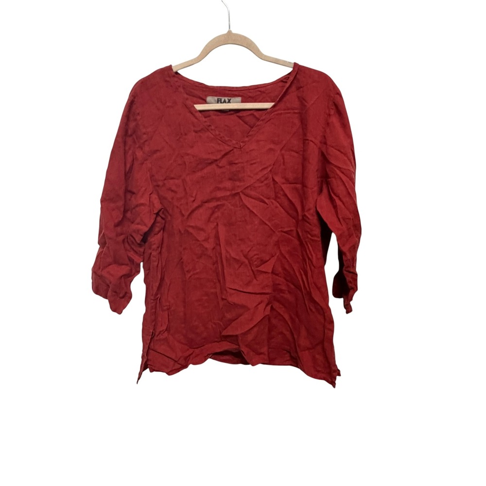 FLAX Women's 100% Linen Tunic Top Red Size M Oversized V Neck 3/4 Sleeve